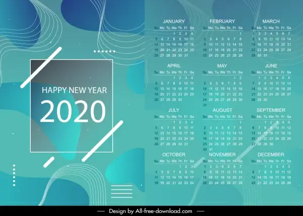 2020 calendar template modern abstract dynamic curves decor