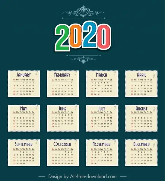 2020 calendar template paper sticker notes sketch