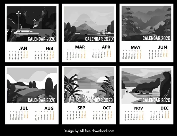 2020 calendar templates black white classic scenery decor