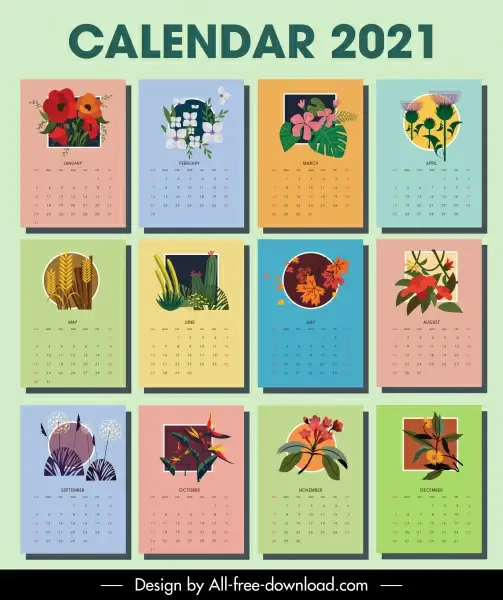 2021 calendar template botanical plants decor