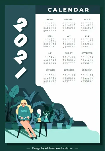 2021 calendar template calm lifestyle sketch cartoon design