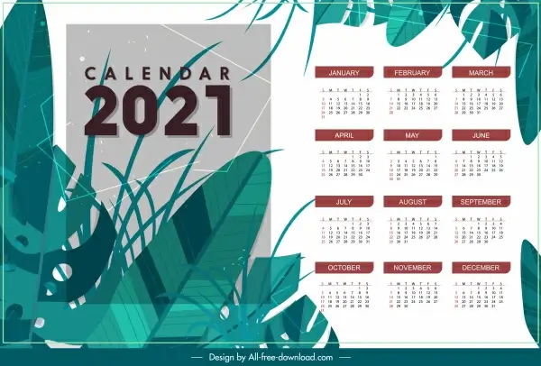2021 calendar template classic natural leaves decor