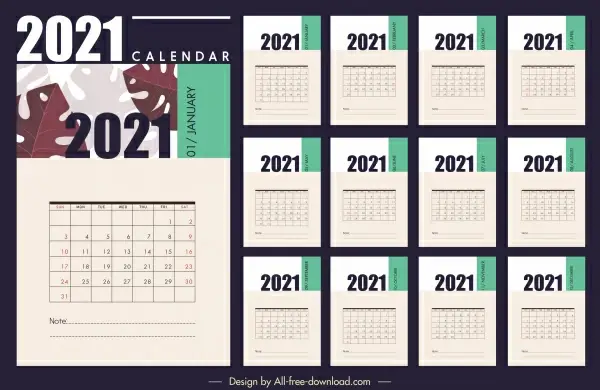 2021 calendar template classical flat plain leaf decor
