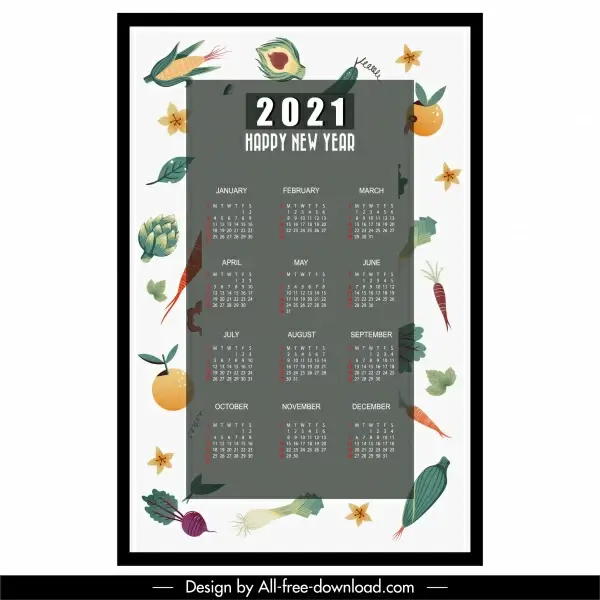 2021 calendar template colorful flat fruit vegetables decor