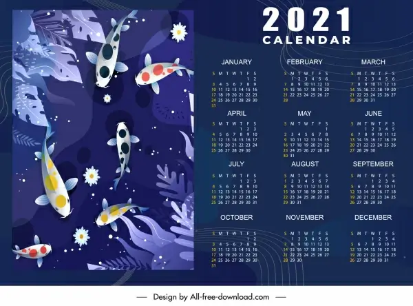 2021 calendar template colorful koi fish dark decor