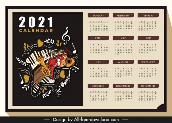 2021 calendar template music instruments sketch dark classic