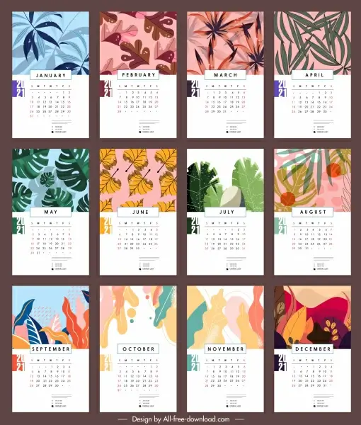 2021 calendar template nature leaves sketch