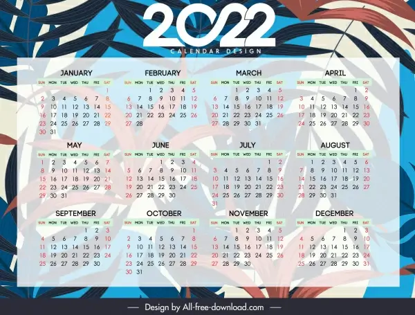 2022 calendar template blurred forest leaves decor