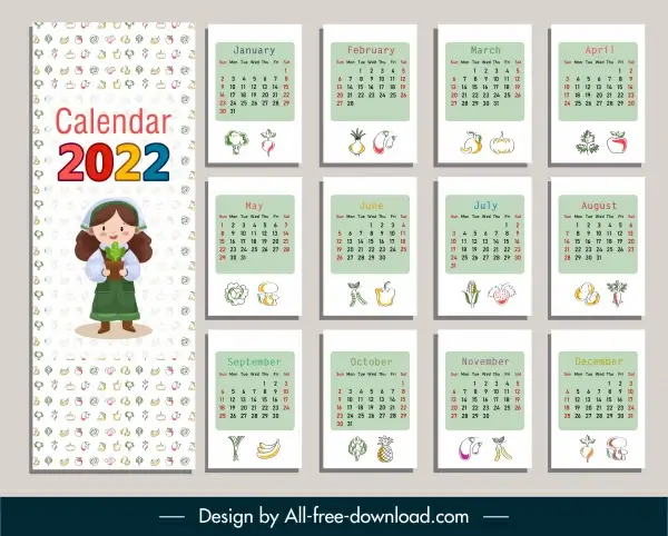 2022 calendar template bright colorful decor food elements