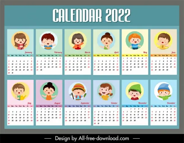 2022 calendar template cute kids icons sketch