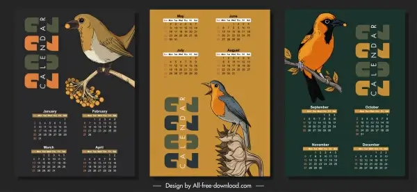2022 calendar template dark design natural birds sketch