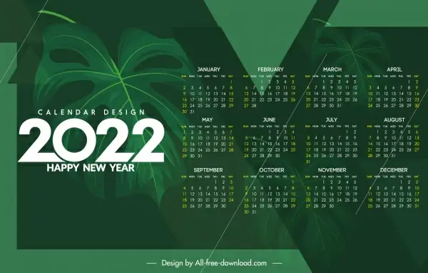 2022 calendar template dark green leaf decor
