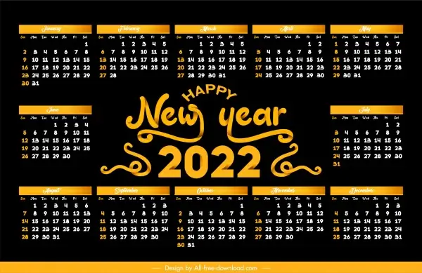 2022 calendar template elegant dark black yellow decor