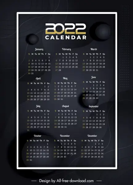 2022 calendar template modern elegant black dark decor