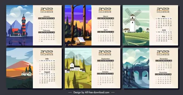 2022 calendar templates scenery sketch colorful classic design