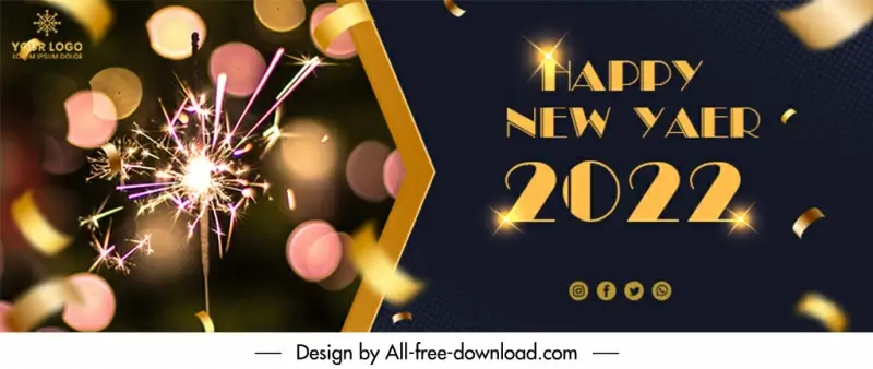 2022 new year facebook cover template dynamic realistic bokeh sparkling fireworks decor
