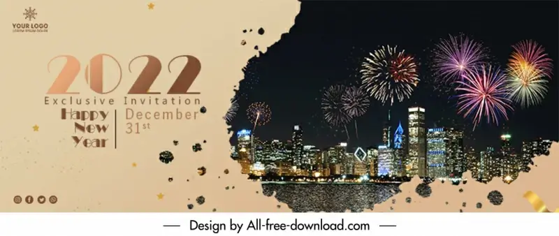 2022 new year facebook cover template elegant realistic cityscape fireworks deco