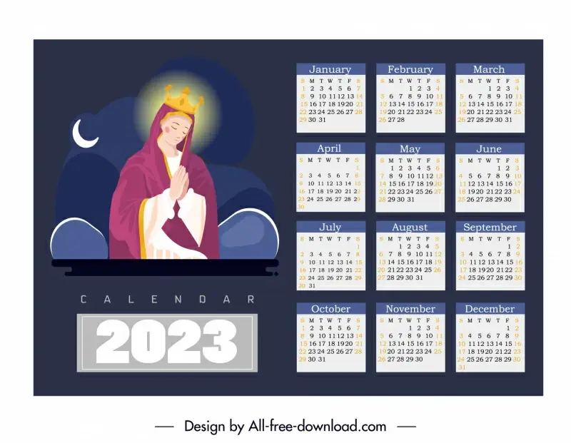 2023 calendar template virgin mary icon cartoon design 