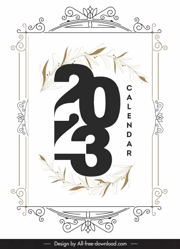 2023 new year calendar background template elegant classic symmetric frame leaves decor