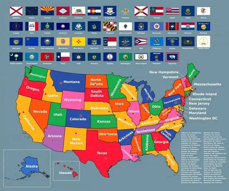 2023 usa state map and state flags design elements colorful flat