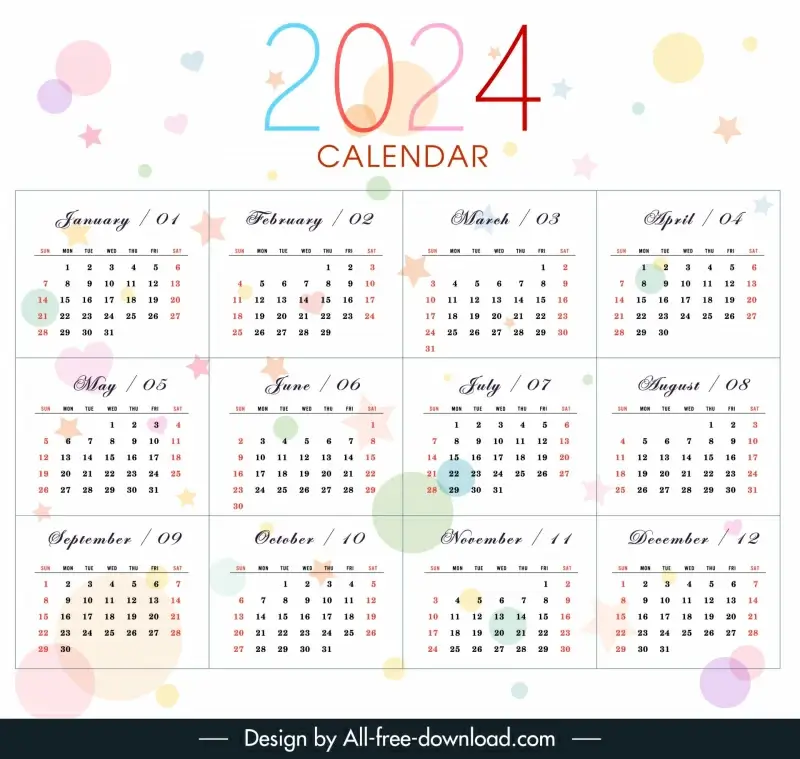 2024 calendar template flat elegant circles stars