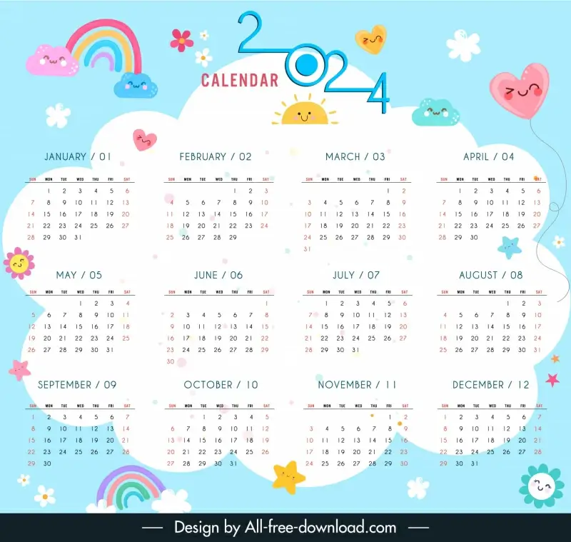 2024 Cute Calendar Template Cute Stylized Sky Elements Vectors Graphic Art Designs In Editable