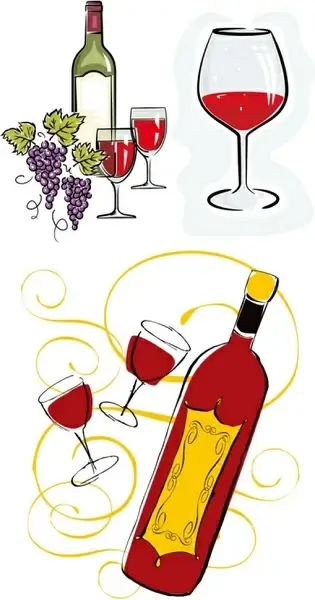 3 handpainted bottles and glasses style vector