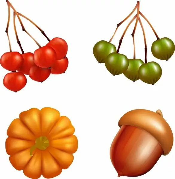 3d fruits icons sets chestnut pumpkin cherries icons