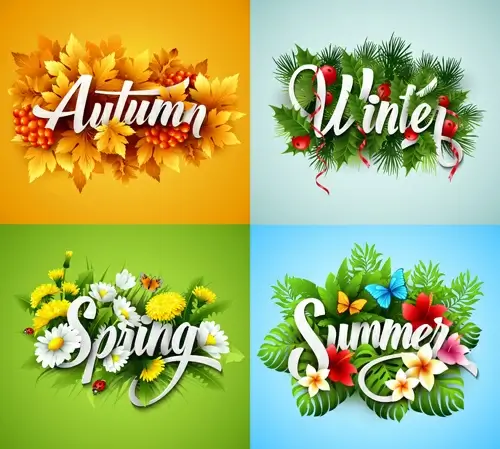 4 seasons beautiful flower labels vector