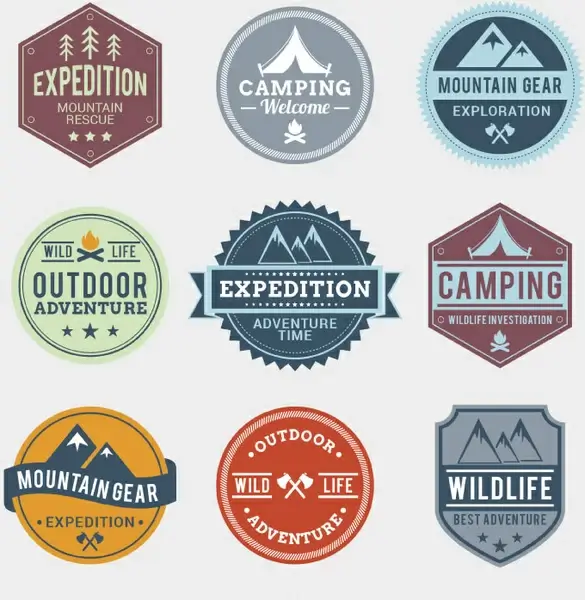 9 outdoor adventure label vector