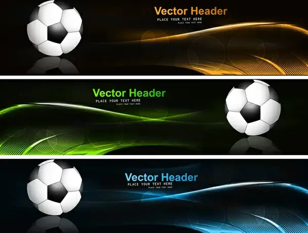 abstract bright colorful headers soccer ball set wave vector illustration