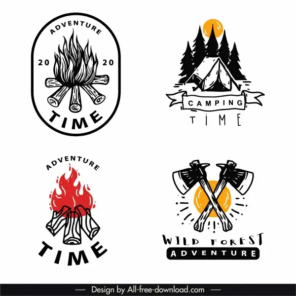 adventure camping logotypes classical handdrawn emblems sketch