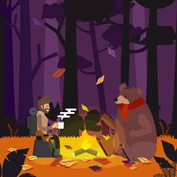adventure drawing man bear autumn forest icons
