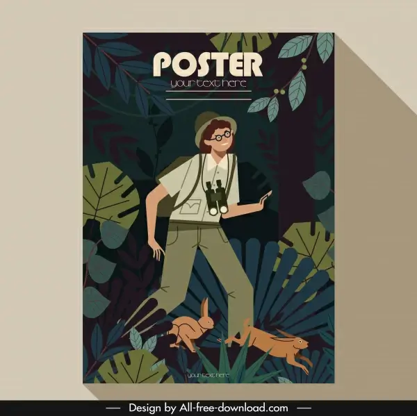 adventure poster explorer man forest rabbits icons 