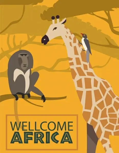 africa welcome banner monkey giraffe bird icons ornament