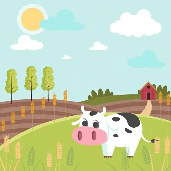 agricultural farm drawing cow field icons colored cartoon