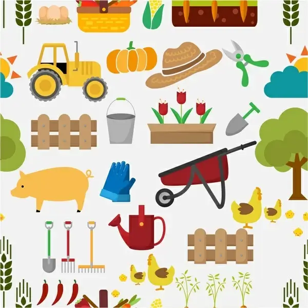 agricultural farm tools design elements in colors
