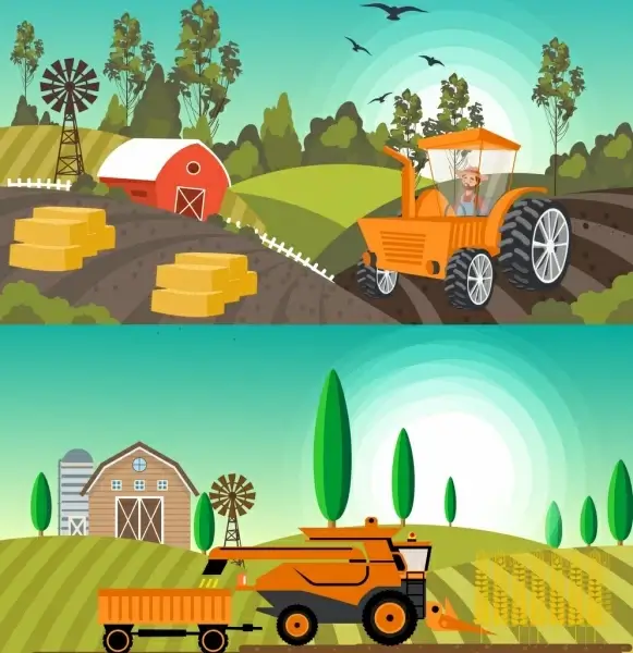 agriculture background sets machines field icons colored cartoon