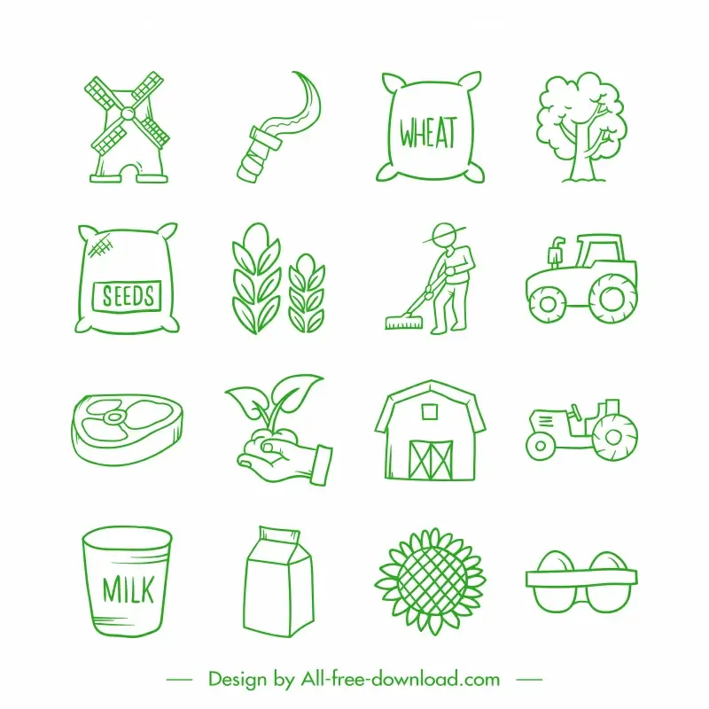 agriculture doodle icon sets flat classic handdrawn symbols sketch