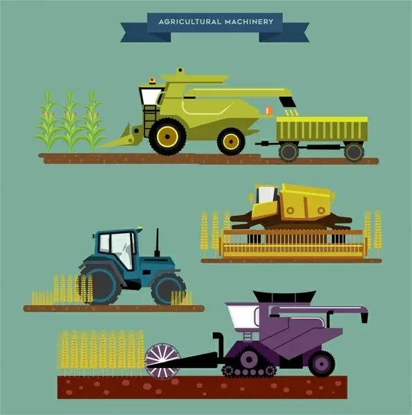 agriculture machinery sets illustration with various types