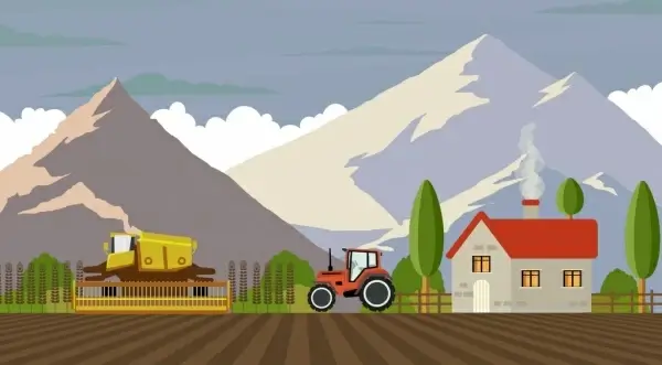 agriculture work drawing machines mountain field icons