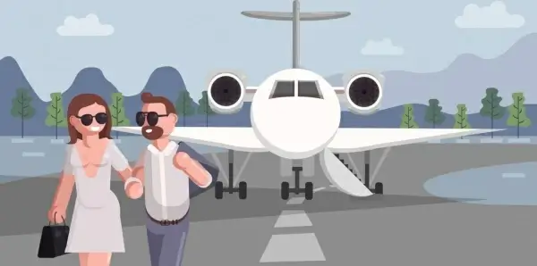 air trip background couple airplane icons cartoon design