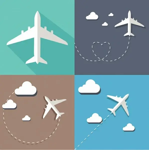 airplane icon sketches collection flying route decoration