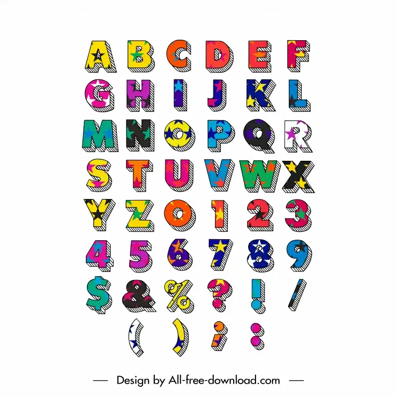 alphabet design elements colorful star block font sketch