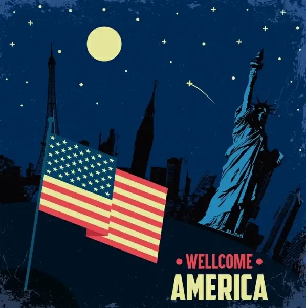 america banner flag liberty statue night landscape icons