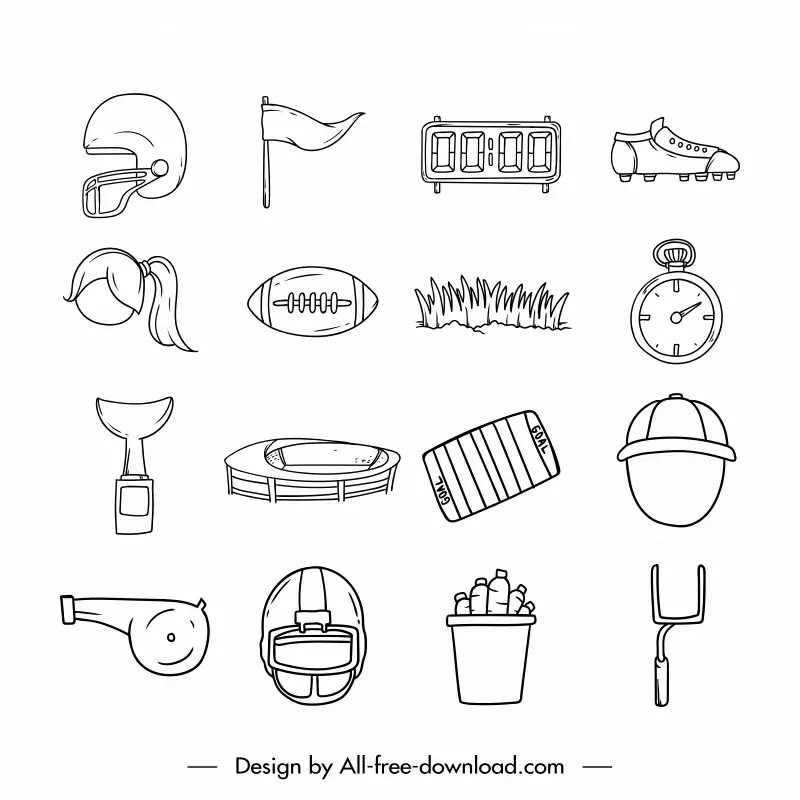 american football doodle icon sets flat black white handdrawn outline 