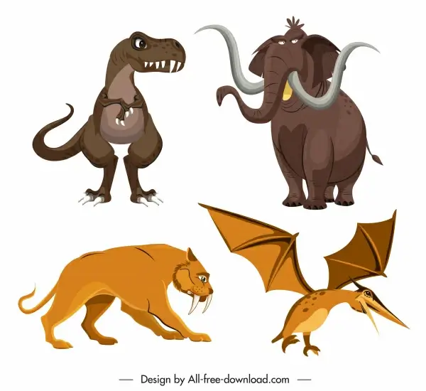 ancient animals icons colored cartoon design