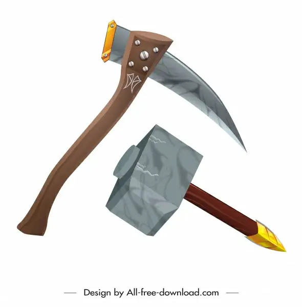 ancient ax hammer weapon icons 3d modern sketch