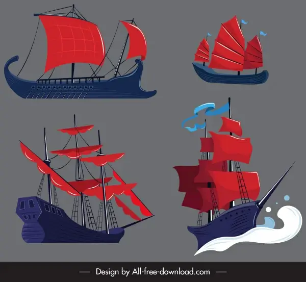 ancient sail boat icon colored 3d sketch