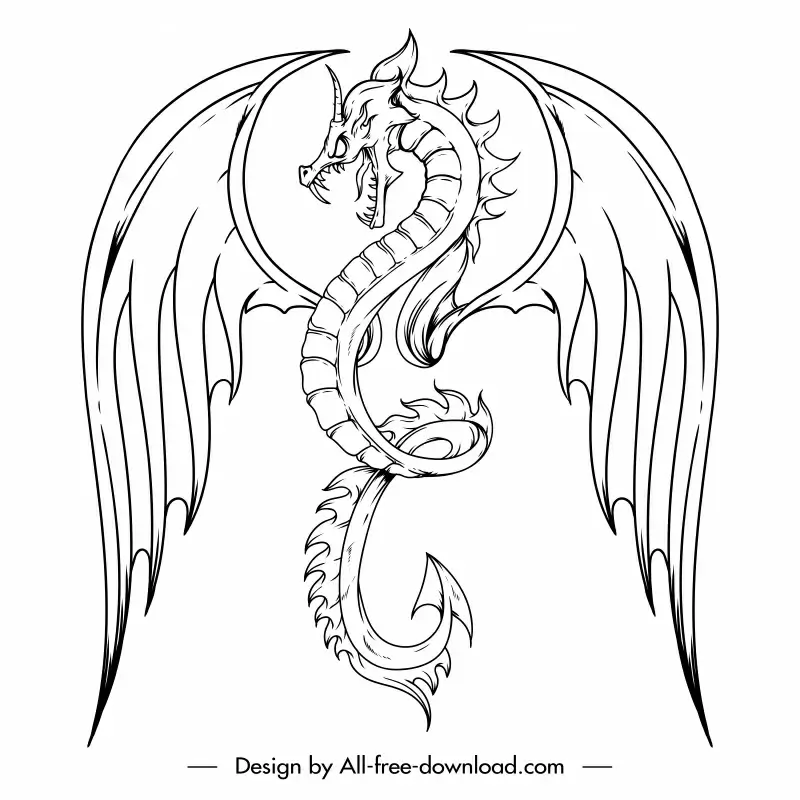 angry dragon icon flat black white handdrawn outline 